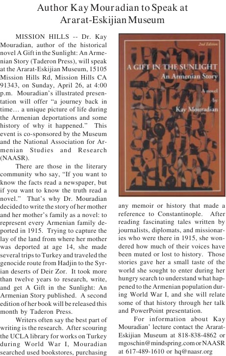 Newspaper announcement headed Author Kay Mouradian to Speak at Ararat-Eskijian Museum