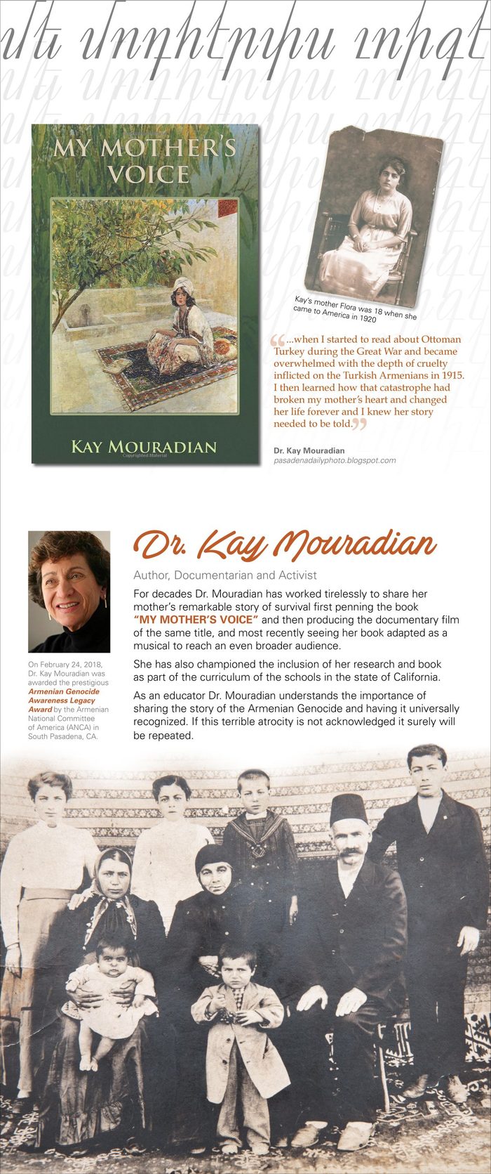 Biographical collage: My Mother's Voice book cover, historic portraits, a portrait and biography of Kay Mouradian, and a family group photograph. The adjacent biography describes her education, research and documentary work.