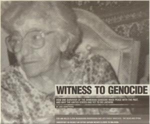 Newspaper clipping titled Witness to Genocide, with a photograph of an older woman.