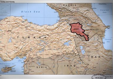 Map highlighting modern Armenia in the South Caucasus, east of Turkey, south of Georgia and north of Iran.