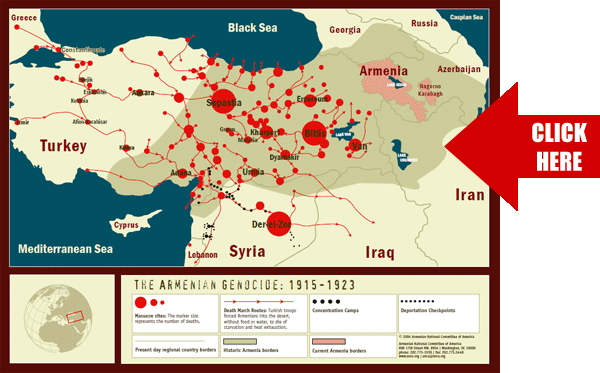 Map of the Armenian Genocide, 1915–1923, showing deportation routes from communities in Turkey toward Syria and Iraq. The printed Click Here arrow is part of the image; use the video player above to watch the research interview.